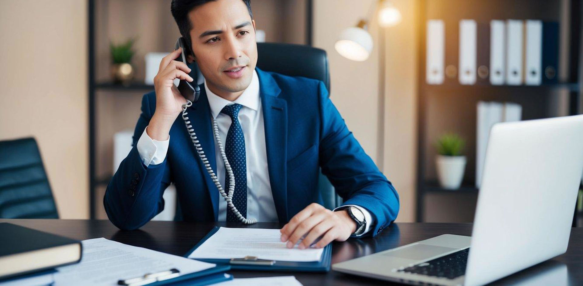 A person sitting at a desk, surrounded by legal documents and a laptop, speaking with a serious expression to a lawyer on the phone