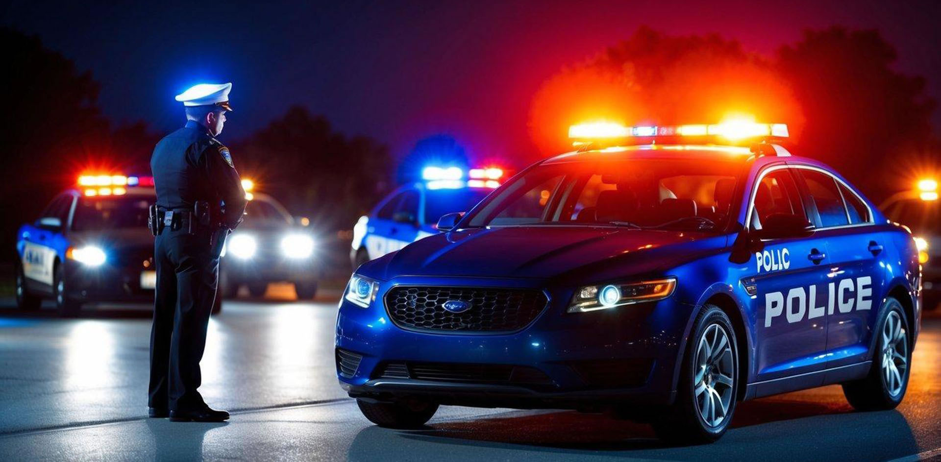A car pulled over by police at night with flashing lights