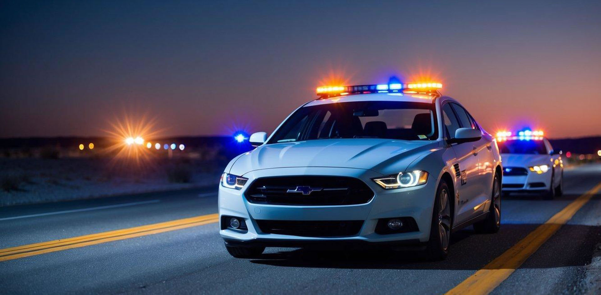 A car pulled over by police with flashing lights on a deserted road at night