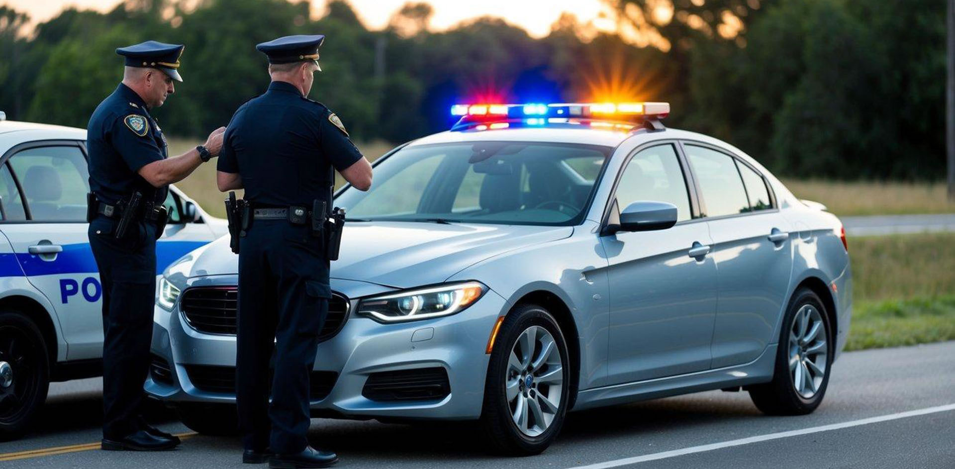 A car pulled over on the side of the road with flashing police lights behind it. A police officer administers a field sobriety test to the driver